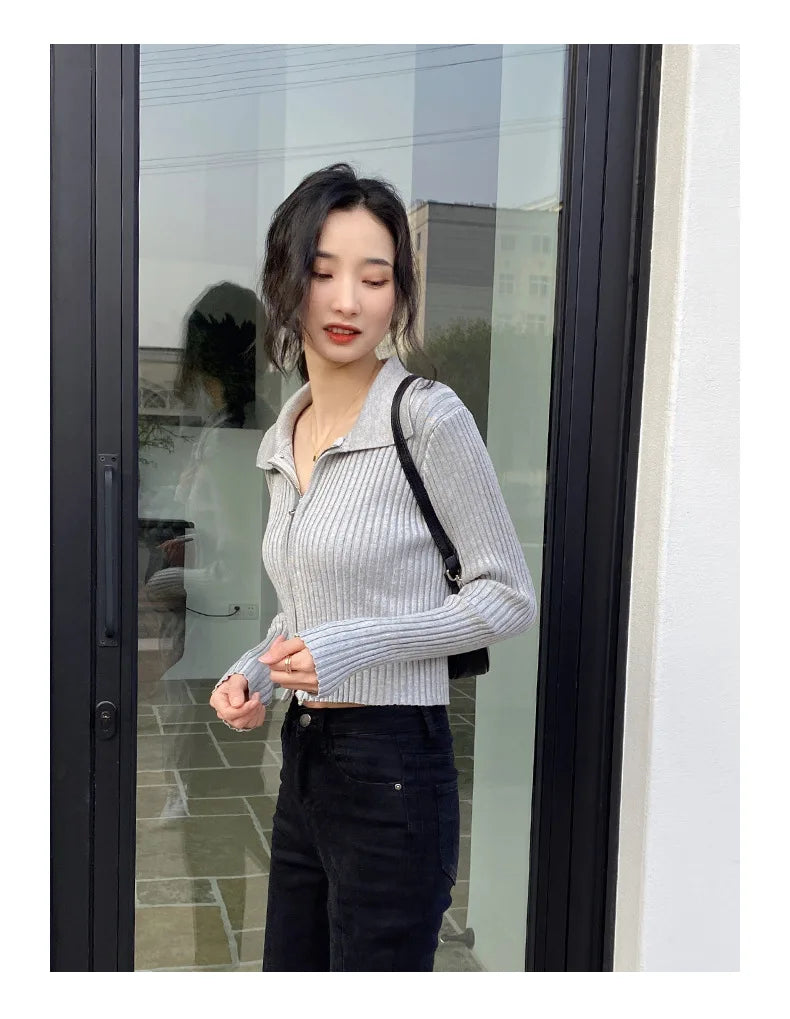 Elegant Korean Knitted Sweater Sexy Lapel Zipper Up Cardigan Women Vintage Harajuku Slim Coat Casual Ribbed Knit Cropped Tops