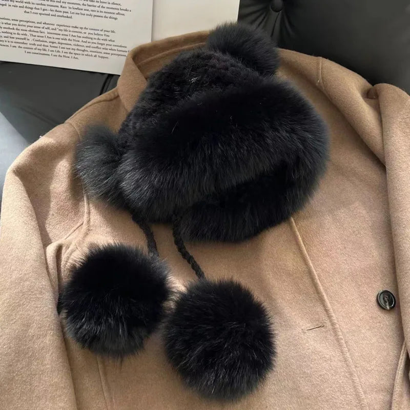 Real Mink Fur Hat For Women Winter Natural Fur Lei Feng Hat With Fox Fur Ball Thicked Ear Protection Hat Female Hand Knitted Hat