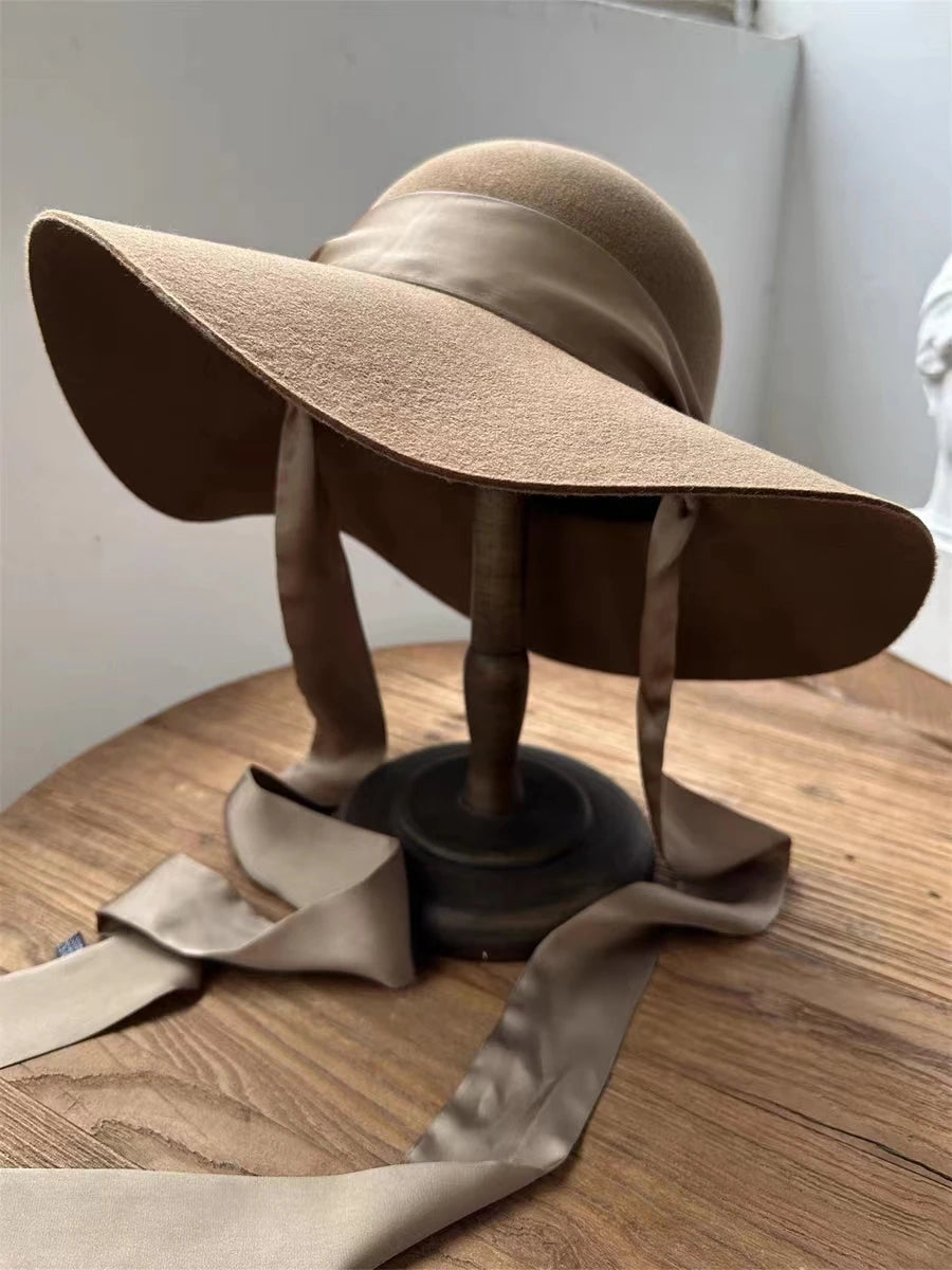 Autumn and Winter 100% Wool Hat Bell Hat Women's French Elegant Retro Hepburn Round Top Big brim Hat