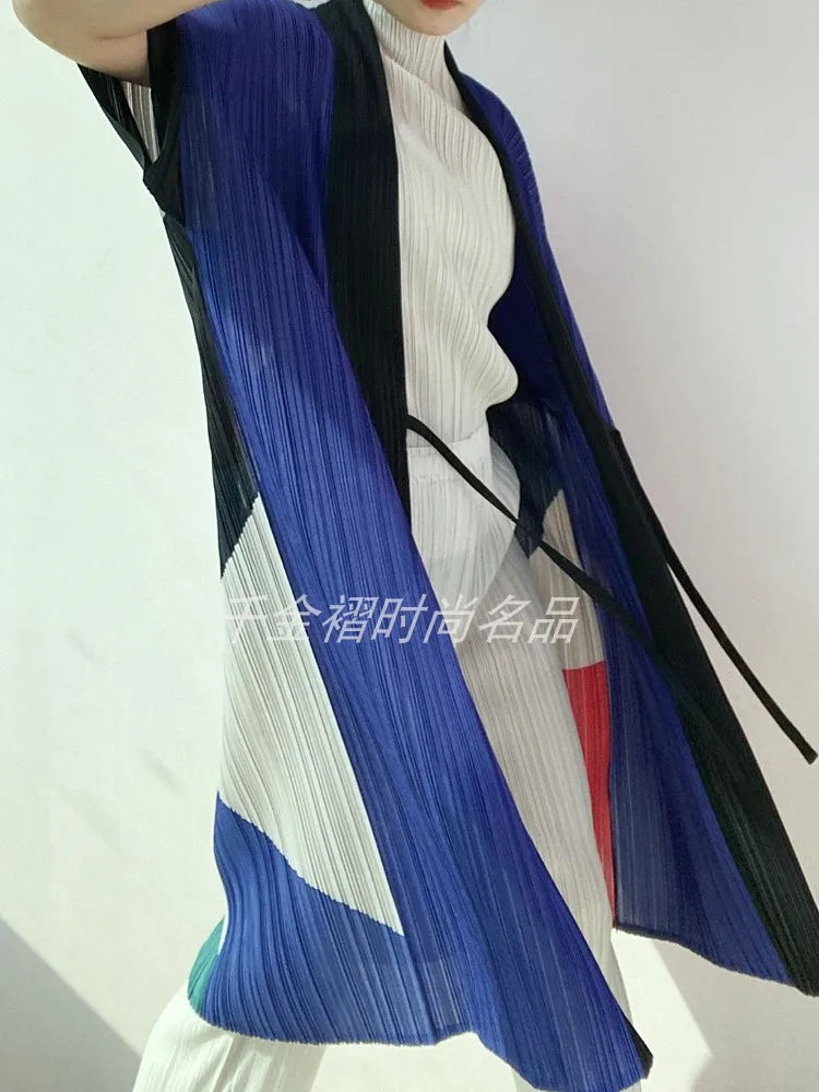 Women Printed Trench Miyake Pleated Fashion Printed Loose Plus Size Japan Style Belt Female Long Coats Tide