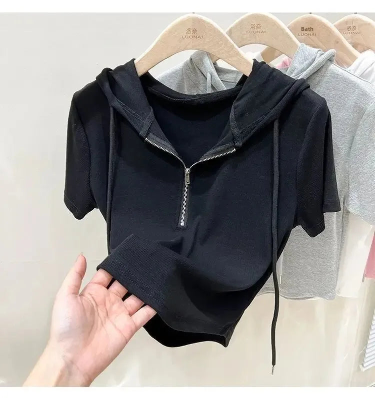 Hoodedslims Women's Double Zip Short Sleeve T-Shirt Cropped Top Sensible Design Polyester Fiber Summer 2025 New Arrival Jacket