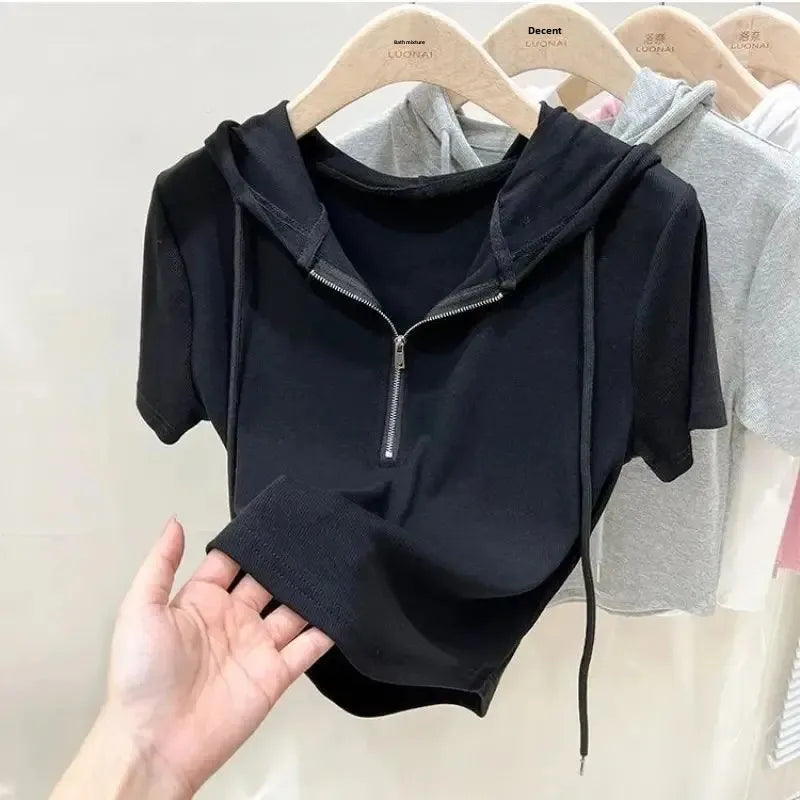 Hoodedslims Women's Double Zip Short Sleeve T-Shirt Cropped Top Sensible Design Polyester Fiber Summer 2025 New Arrival Jacket