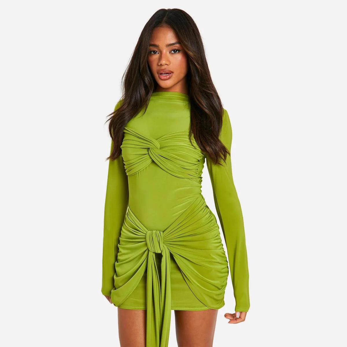Women's unique design sense unique high-end dress with autumn and winter new pleated knots and waist-hugging sexyshort dress