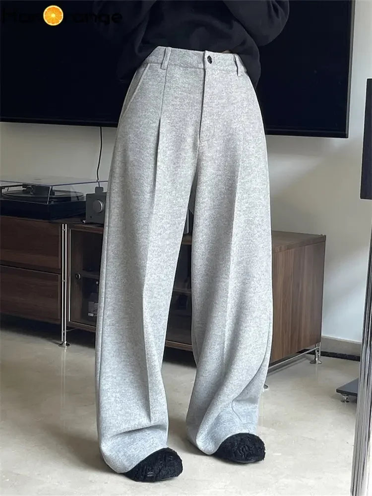 HanOrange 2024 Winter Languid Woolen Wide Leg Pants Casual High Waist Loose Comfortable Thick Trousers Female Grey/Navy