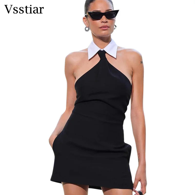 Vsstiar Elegant Turn-down Collar Mini Dress For Women Sexy Backless Sleeveless Vestidos Summer Fashion Streetwear Party Dress