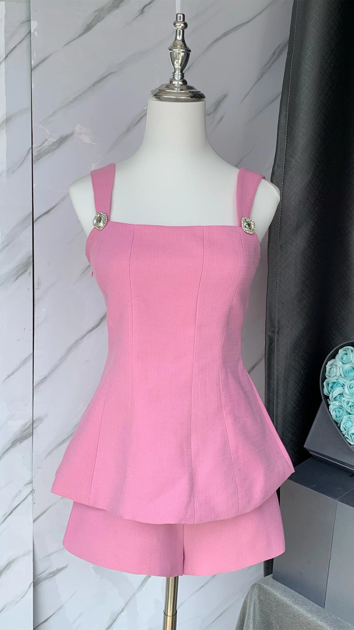 Aoi Summer Y2k Women 2 Piece Suit French Back Bowknot Collar Luxury Diamond Spaghetti Vestidos Sexy Strap Camisole+Shorts Set