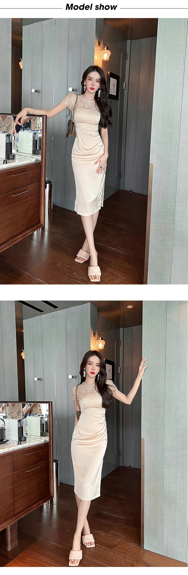 Summer Women Midi Dress Elegant Sheer Lace Satin Panel Shiny Diamond Sequins Pleated Slit Slim Lady Outfit Party Office Vestido