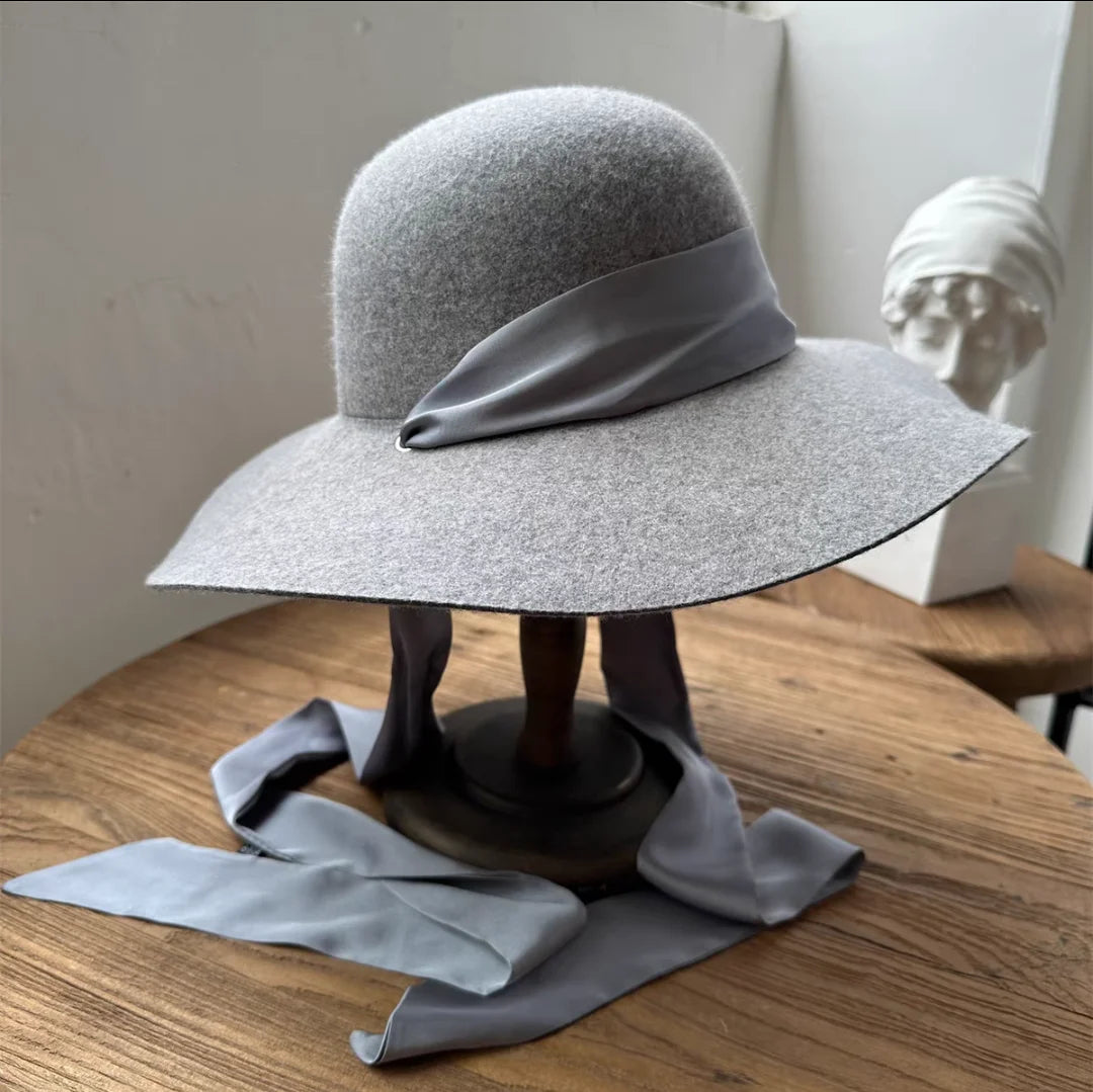 Autumn and Winter 100% Wool Hat Bell Hat Women's French Elegant Retro Hepburn Round Top Big brim Hat