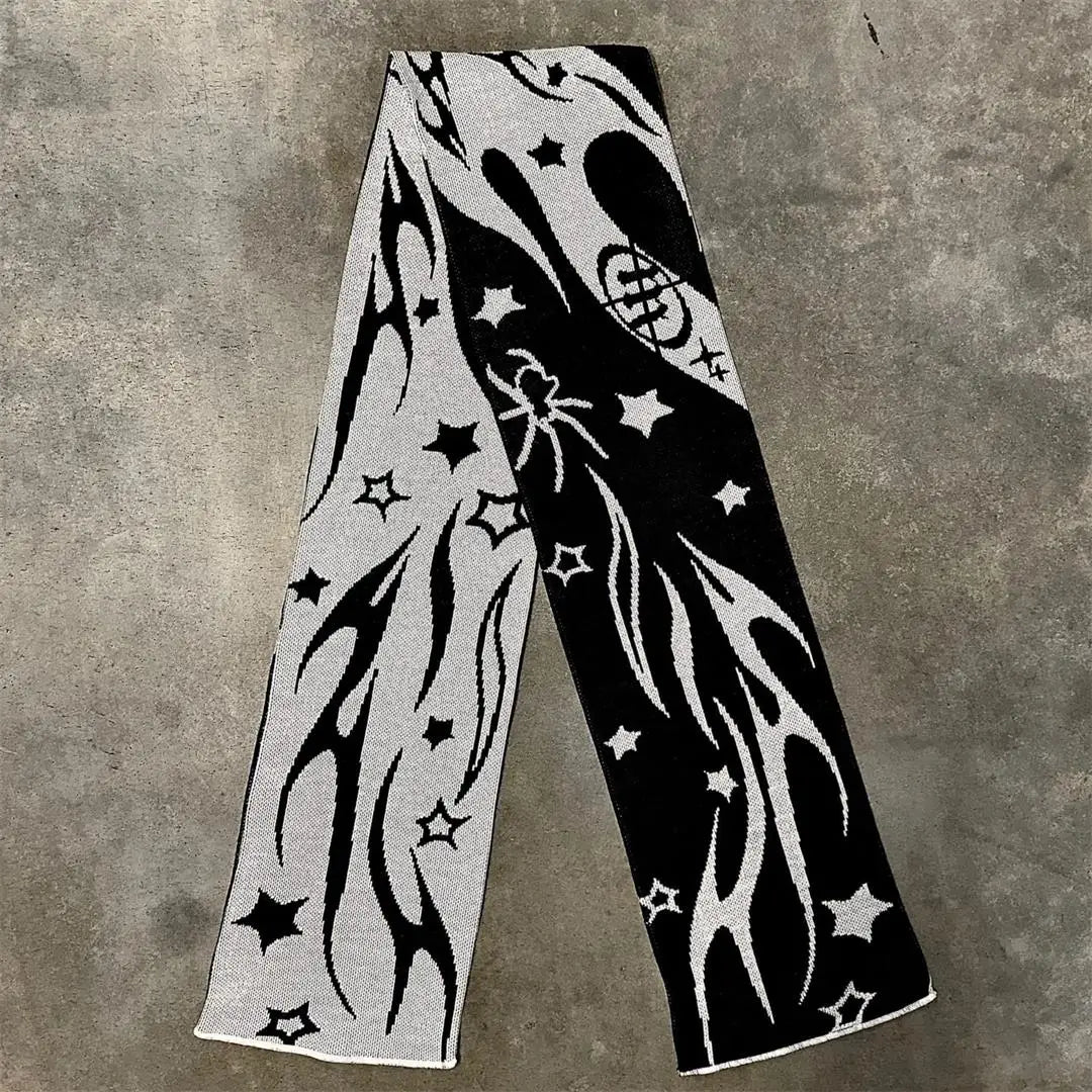 Fashion Creative Star Striped Knitted Women's Scarf Men's Winter Scarf Apron Black Tassel Luminous Y2K Kpop