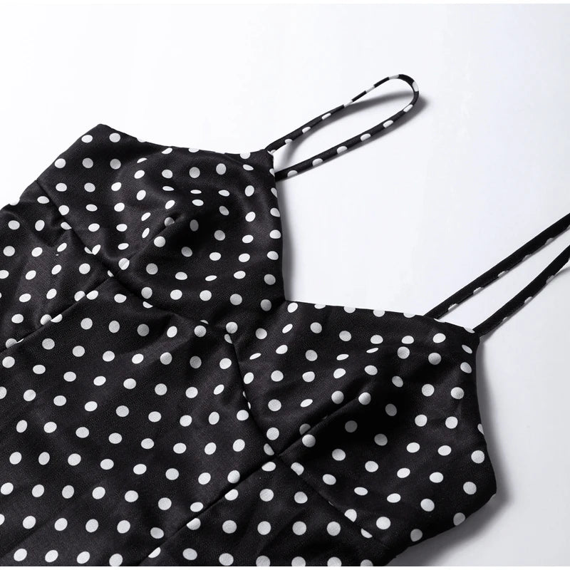 Dot Print Long Slip Dress Women Spring Summer V-neck Sleeveless Backless A-line Dresses Female Party Vintage Robes Lady Holiday