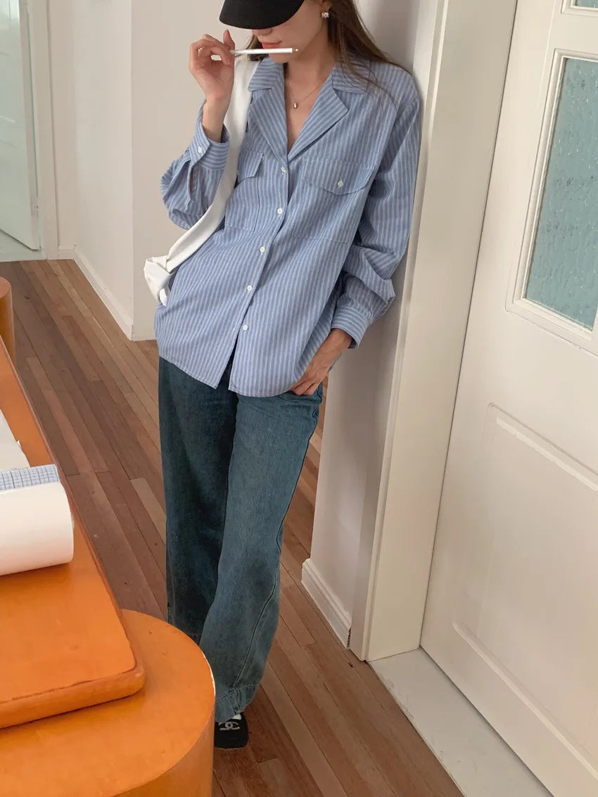 Chic Autumnal Vintage Loose Fit Long Sve Blue Striped irt Women's Faion Versatile Double ket Suit Collar Outfit