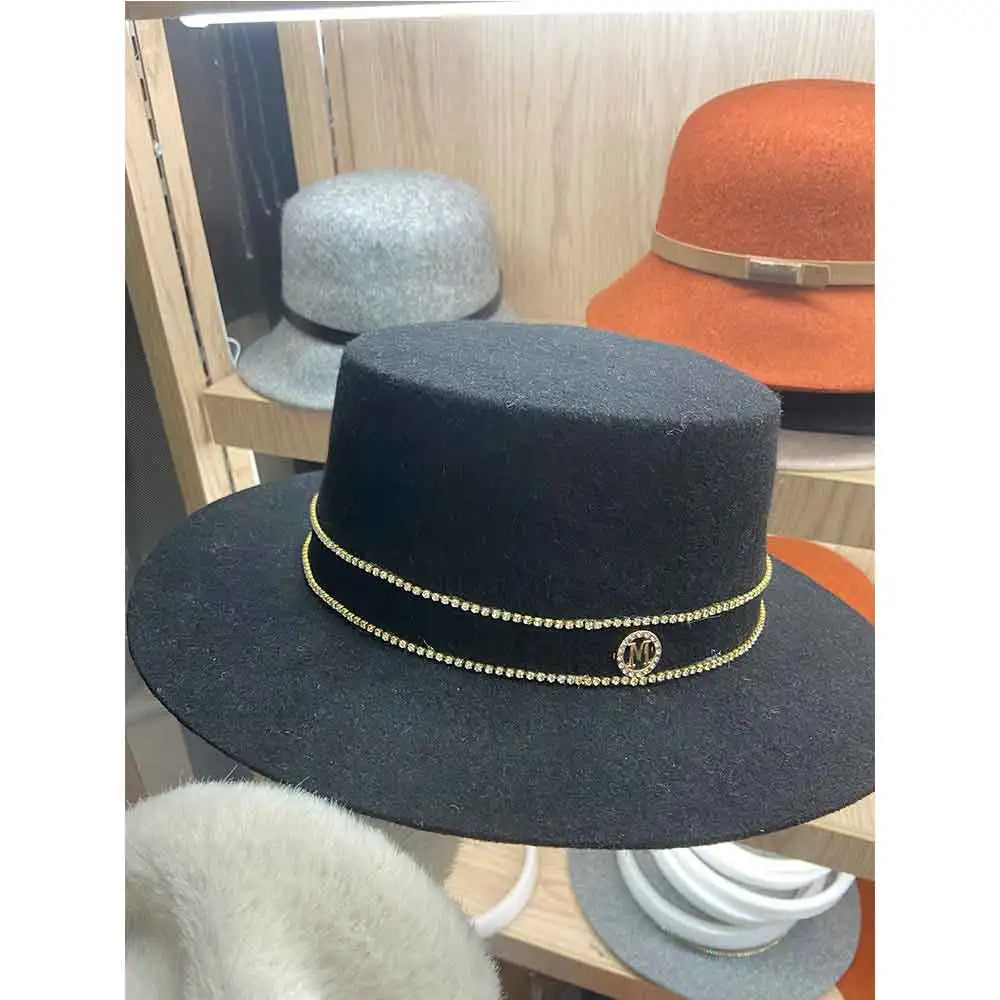 Autumn and Winter 100% Wool Hat Bell Hat Women's French Elegant Retro Hepburn Round Top Big brim Hat