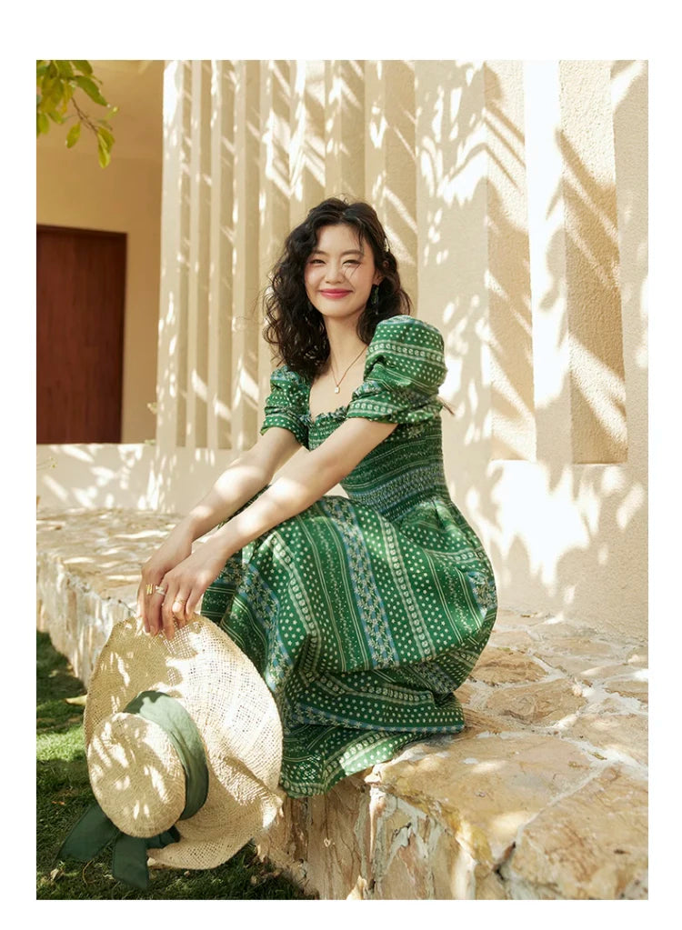 ARTKA 2023 Summer New Women Dress Vintage Print Green Square Collar Dresses Short Puff Sleeve A-line Long Dress Female LA92038X