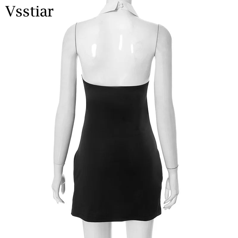 Vsstiar Elegant Turn-down Collar Mini Dress For Women Sexy Backless Sleeveless Vestidos Summer Fashion Streetwear Party Dress