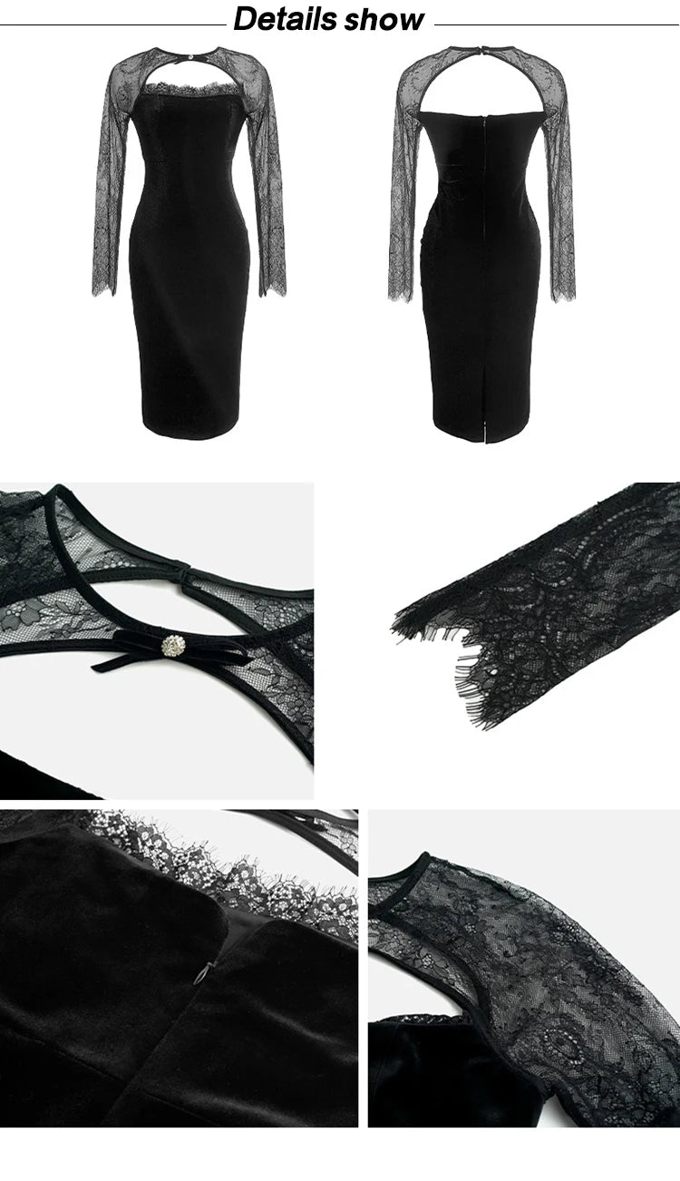 Spring Quality Elegant Sexy Dresses for Women 2023 Black Sheer Lace Hollow Cut Out Backless Midi Robe Femme Party Date Vestidos