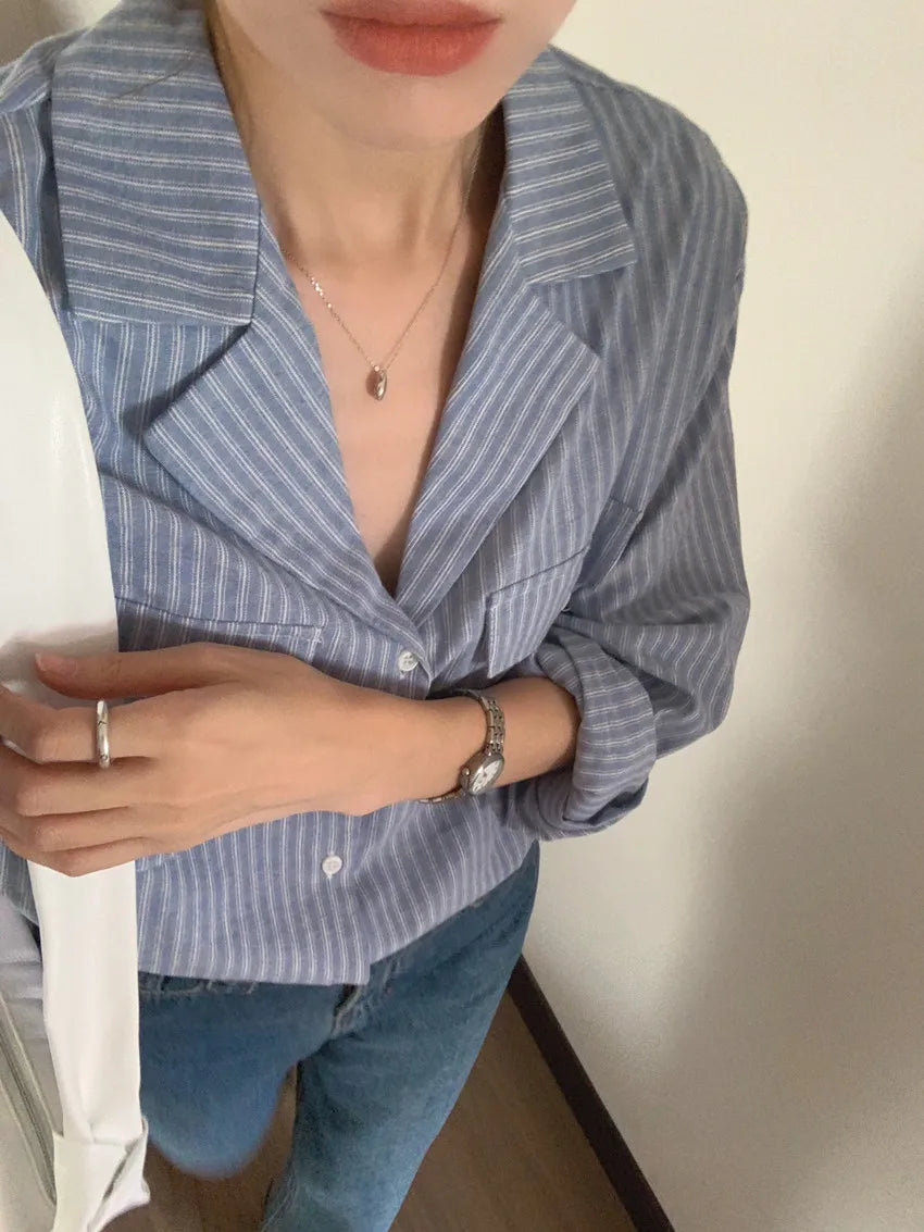 Chic Autumnal Vintage Loose Fit Long Sve Blue Striped irt Women's Faion Versatile Double ket Suit Collar Outfit