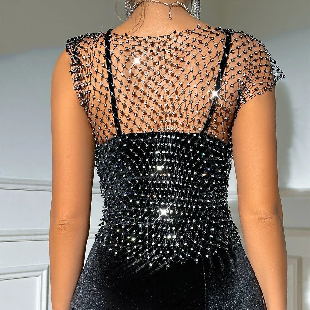 Sexy See Through Rhinestone Crop Top for Women 2023 Trendy Shiny Diamond Fishing net Tank Top Rave Night Club Outfits Short Top