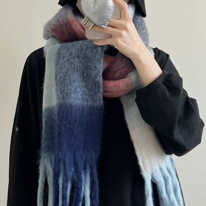 Winter Multicolor Stripe Scarf Cashmere Thick Shawl Women Long Winter Warm Pashmina Wraps with Tassel Scarf For Women