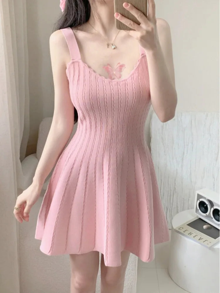 Neploe Fashion Square Collar Knitted Camisole Dresses Sexy Slim Waist Vest Dress for Women 204 Summer New Black Vestidos Mujer