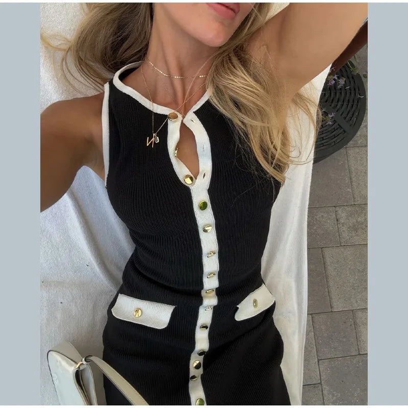 Women Sexy Black Knit Short Pants Suit Elegant Sleeveless Double Pockets Single Breasted Buckle Top 2-piece Set 2025 New Outfits