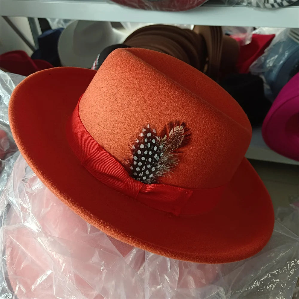 2024 New Fashion Women Men's Fedora Church Roll Up Brim Homburg Jazz Hat Feather Hat Lady Gentleman Gambler Panama Trilby Hat