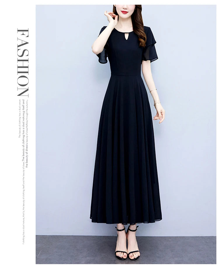 2024 Black Chic Ruffled Short Sleeve Midi Vestidos Women Vintage Hepburn Prom Long Robe Summer Solid Elegant Bodycon Party Dress