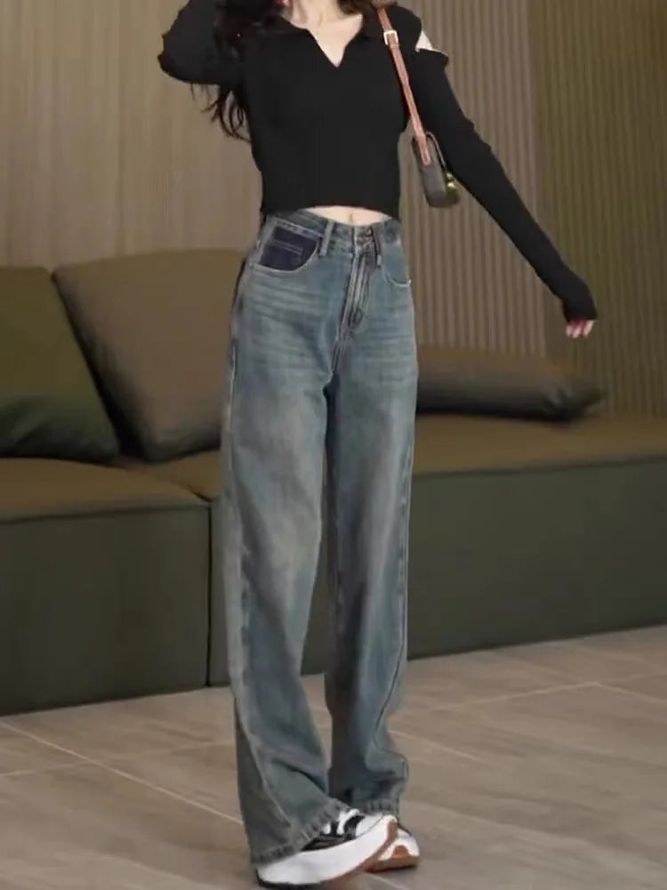 Spring Autumn Korean Fashion Streetwear High Waist Wide Leg Trousers Blue Straight Clothing Female Women's Pants y2k Baggy Jeans