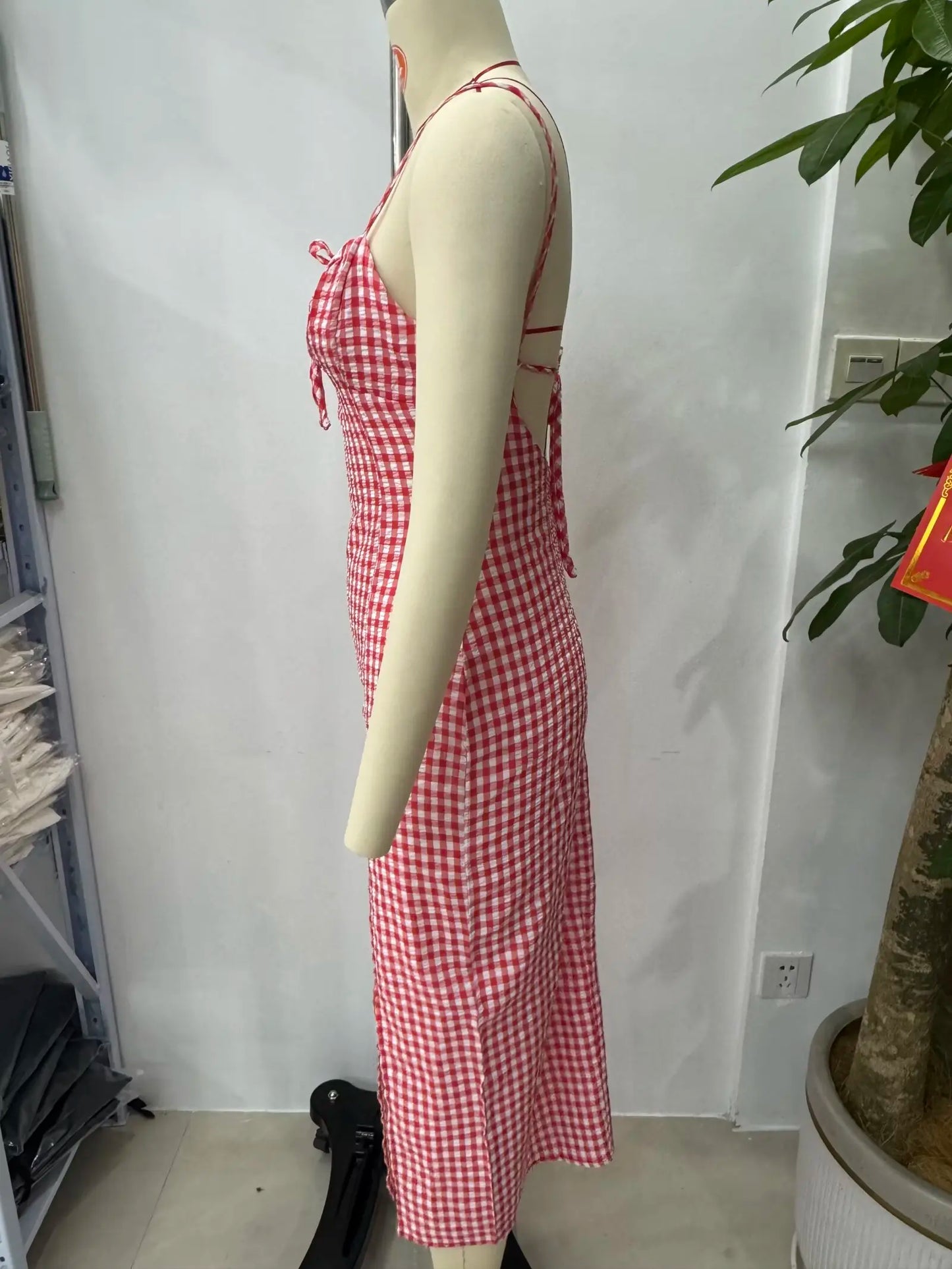 Summer 2025 Slit Backless MIDI Dress Grid Point Print Sexy V-Neck Charming Woman Clothing with High Thigh Split