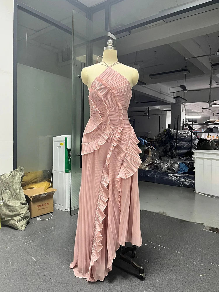 Ruffle ruffles design thin mid-length dress temperament fashion irregular halter women's dress 2025 summer new