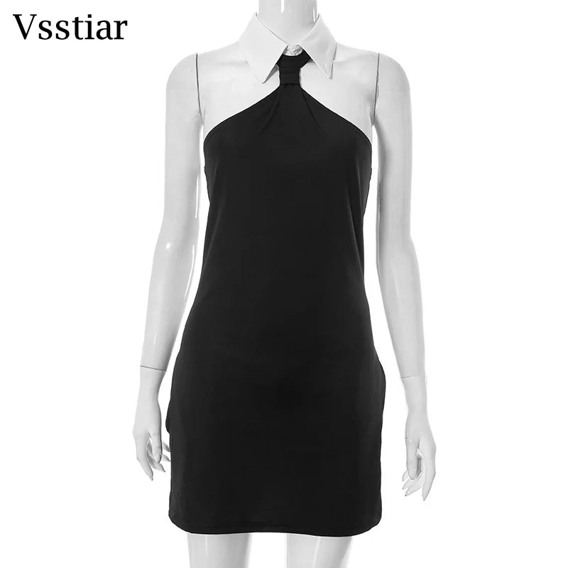Vsstiar Elegant Turn-down Collar Mini Dress For Women Sexy Backless Sleeveless Vestidos Summer Fashion Streetwear Party Dress