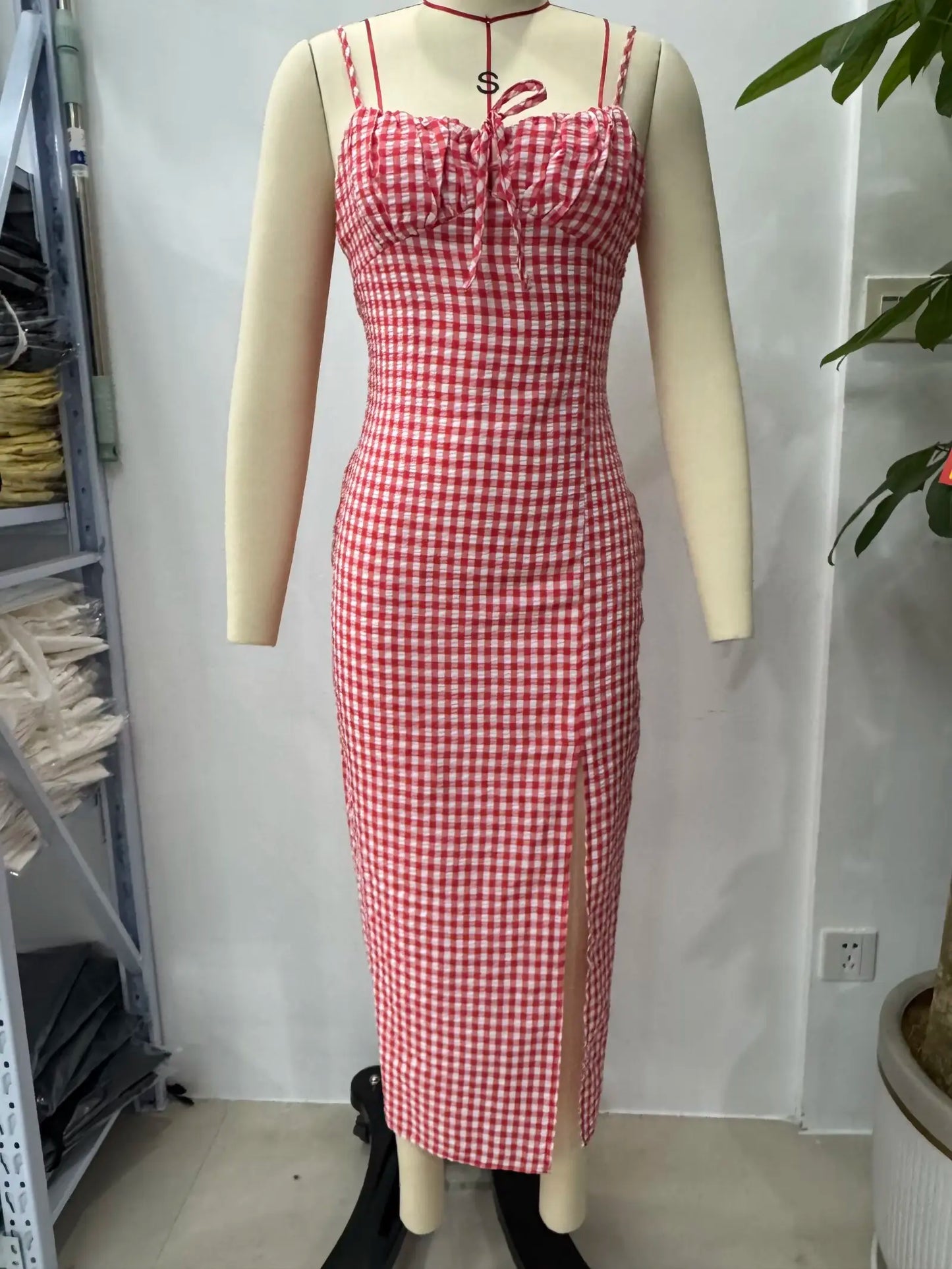 Summer 2025 Slit Backless MIDI Dress Grid Point Print Sexy V-Neck Charming Woman Clothing with High Thigh Split