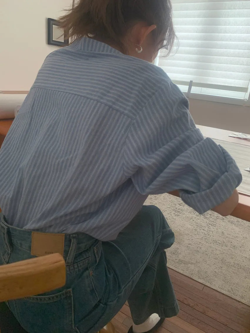 Chic Autumnal Vintage Loose Fit Long Sve Blue Striped irt Women's Faion Versatile Double ket Suit Collar Outfit