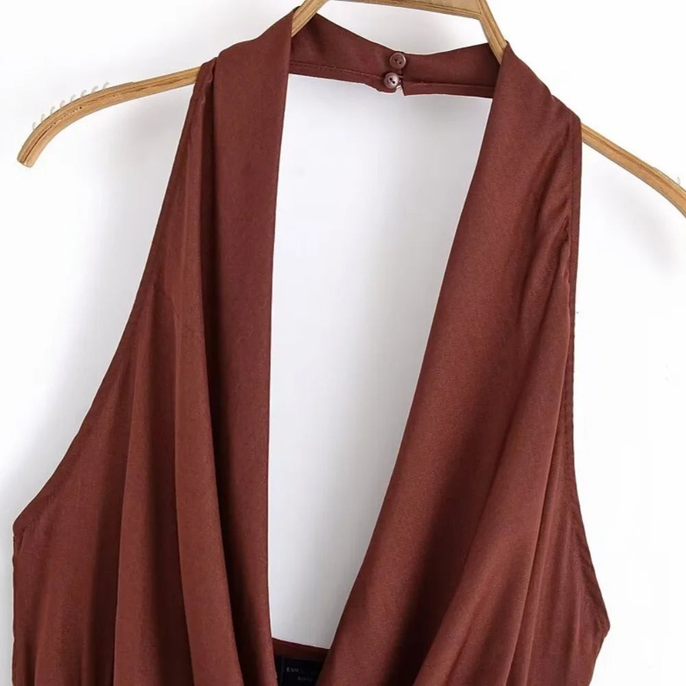 MYST&ZA2025 new summer women's clothing casual fashion comfortable slim sexy inlaid backless midi halter neck short dress