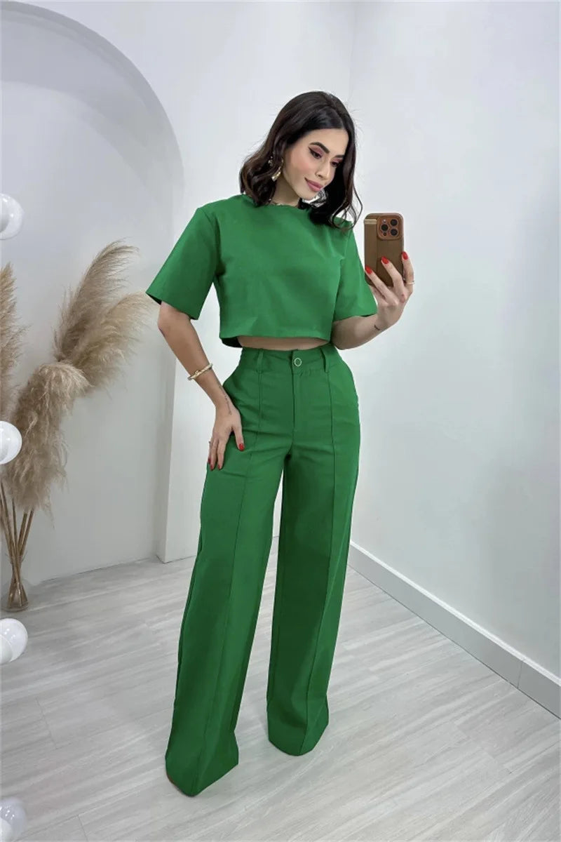 Casual New In Matching Two Piece Sets Women Summer 2024 Fashion Short Sleeve T-shirt Crop Tops High Waist Wide Leg Pant Sets