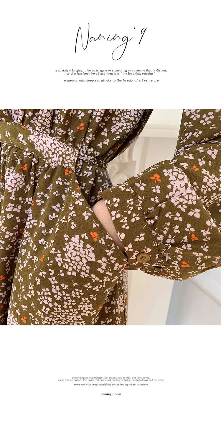 ARTKA 2023 Spring New Women Dress Elegant Loose Puff Sleeve Prints Dresses V-Neck High Waist A-Line Chiffon Long Dress A22LA055C