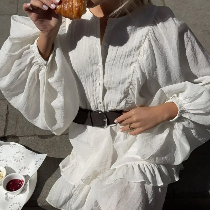 Women Single Breasted Ruffles Dress Fashion Solid Lantern Sleeve Loose Pleated Vestidos Summer Lady Vacation Party Gowns 2025