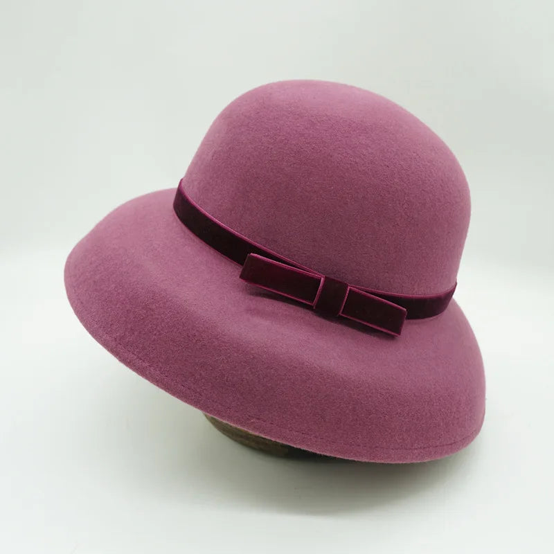Autumn and Winter 100% Wool Hat Bell Hat Women's French Elegant Retro Hepburn Round Top Big brim Hat