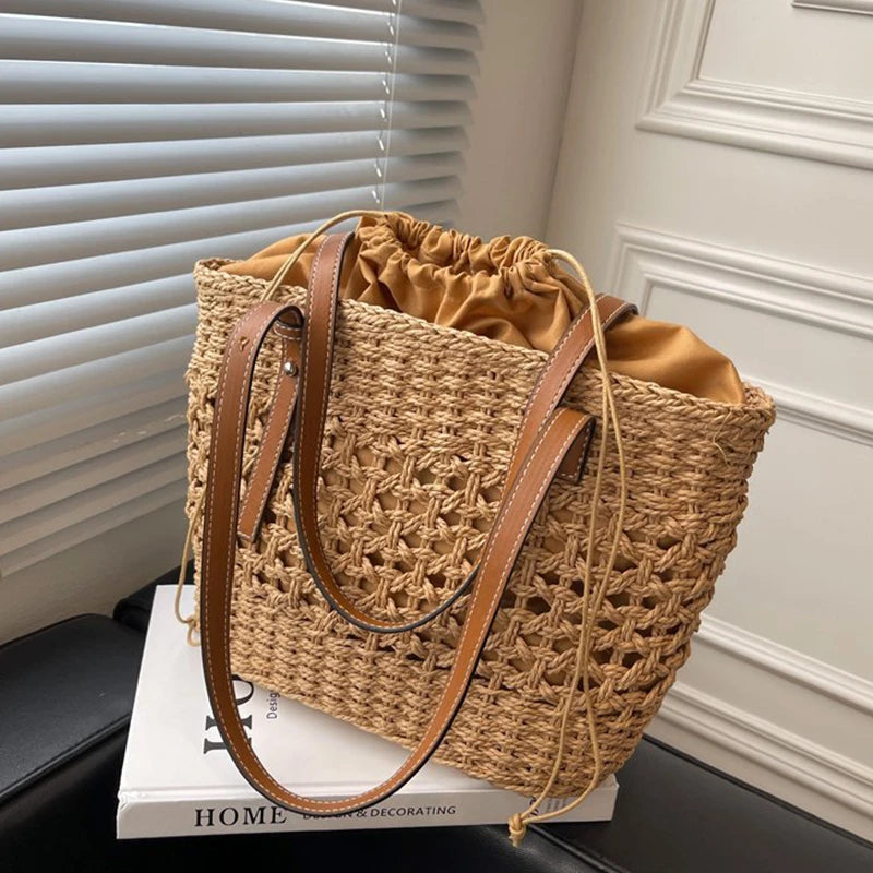 Summer Woven Straw Bucket Bag For Women Travel Beach Bags Large Capacity Armpit Bags Bohemia Knitted Shopping Totes Bolsa sac