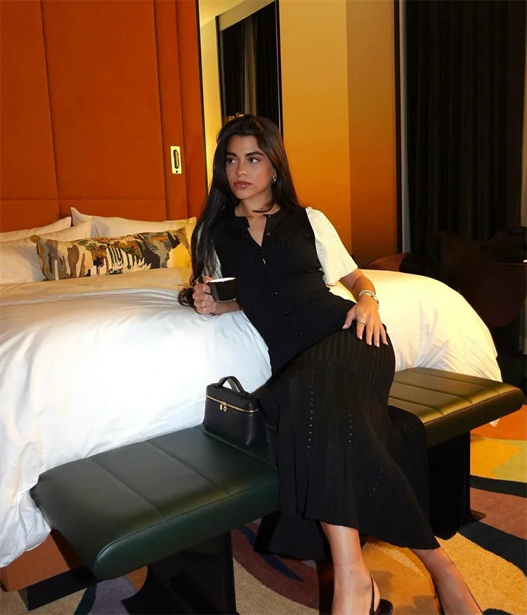 Elegant Knitted Single Breasted Midi Dress Women's Patchwork Dresses Female 2025 Summer Robe New Black Beige Robes Evening Party