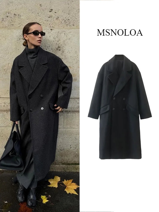 Women's Fashion Casual Loose Long Coat Coat Autumn and Winter Double-breasted Lapel Coat Warm and Soft Solid Colour Coat