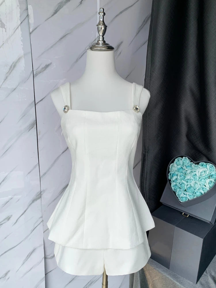 Aoi Summer Y2k Women 2 Piece Suit French Back Bowknot Collar Luxury Diamond Spaghetti Vestidos Sexy Strap Camisole+Shorts Set