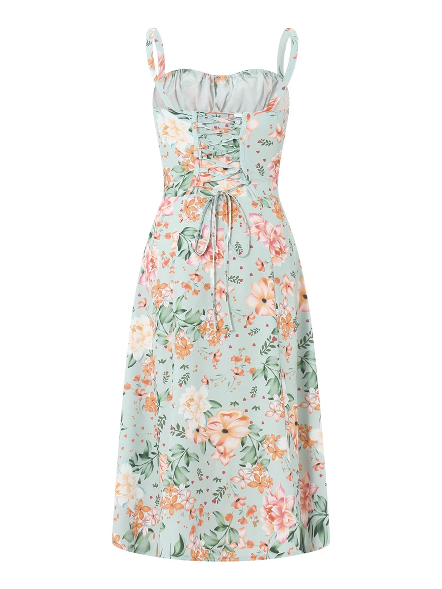 hirigin Floral Print Spaghetti Strap Pleated Midi Dress For Women Summer New Sleeveless Backless A-line Sexy Printed Long Dress