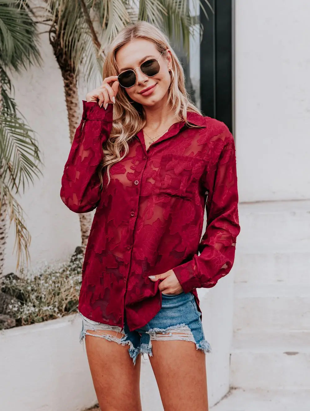 Elegant Long Sleeve Lapel Lace Blouse Office Lady Spring Summer Hollow Out Jacquard Loose Shirt Oversized Tops Luxury Chic Tunic