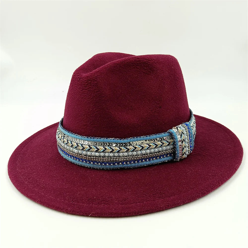 Blue Fedora Hat Pearl Rhinestone Design for Men and Women Panama Church Cap Fashionable Elegant Vintage Felt Hat fedoras