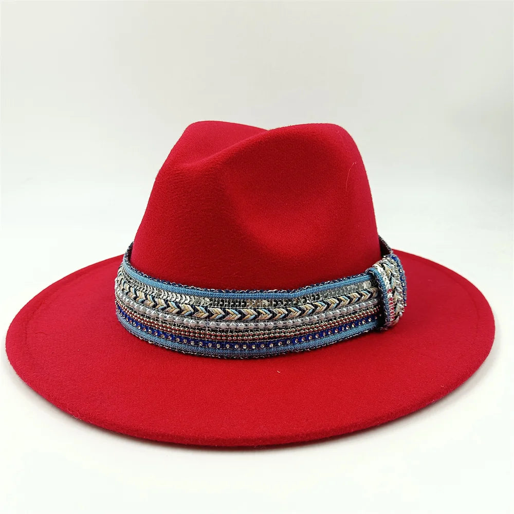 Blue Fedora Hat Pearl Rhinestone Design for Men and Women Panama Church Cap Fashionable Elegant Vintage Felt Hat fedoras