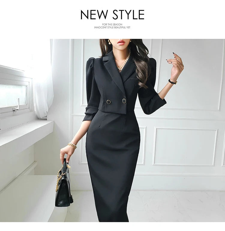 H Han Queen New Fake 2 Pieces Women's Simple Vintage Dress Office Sheath Pencil Dress Elegant Slim Casual Party Vestidos Autumn