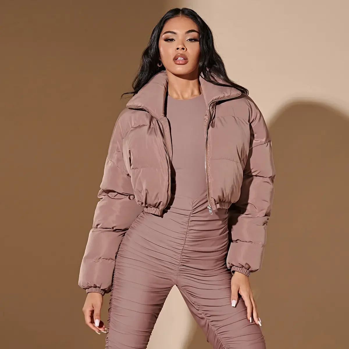 American short women winter new cotton-padded coat small solid color stand collar bread coat cotton-padded coat