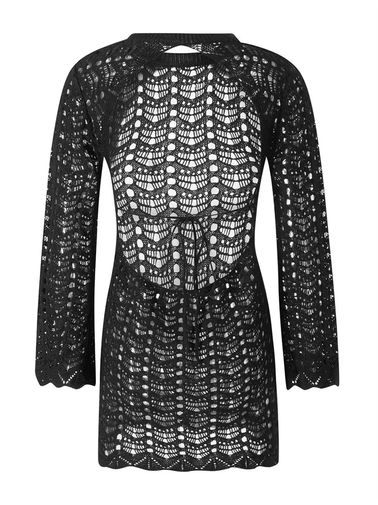 Women Knit Hollow Out Dress Long Sleeve Round Neck Backless Short Dress Summer Fall Beach Club Party Wrapped Dreses