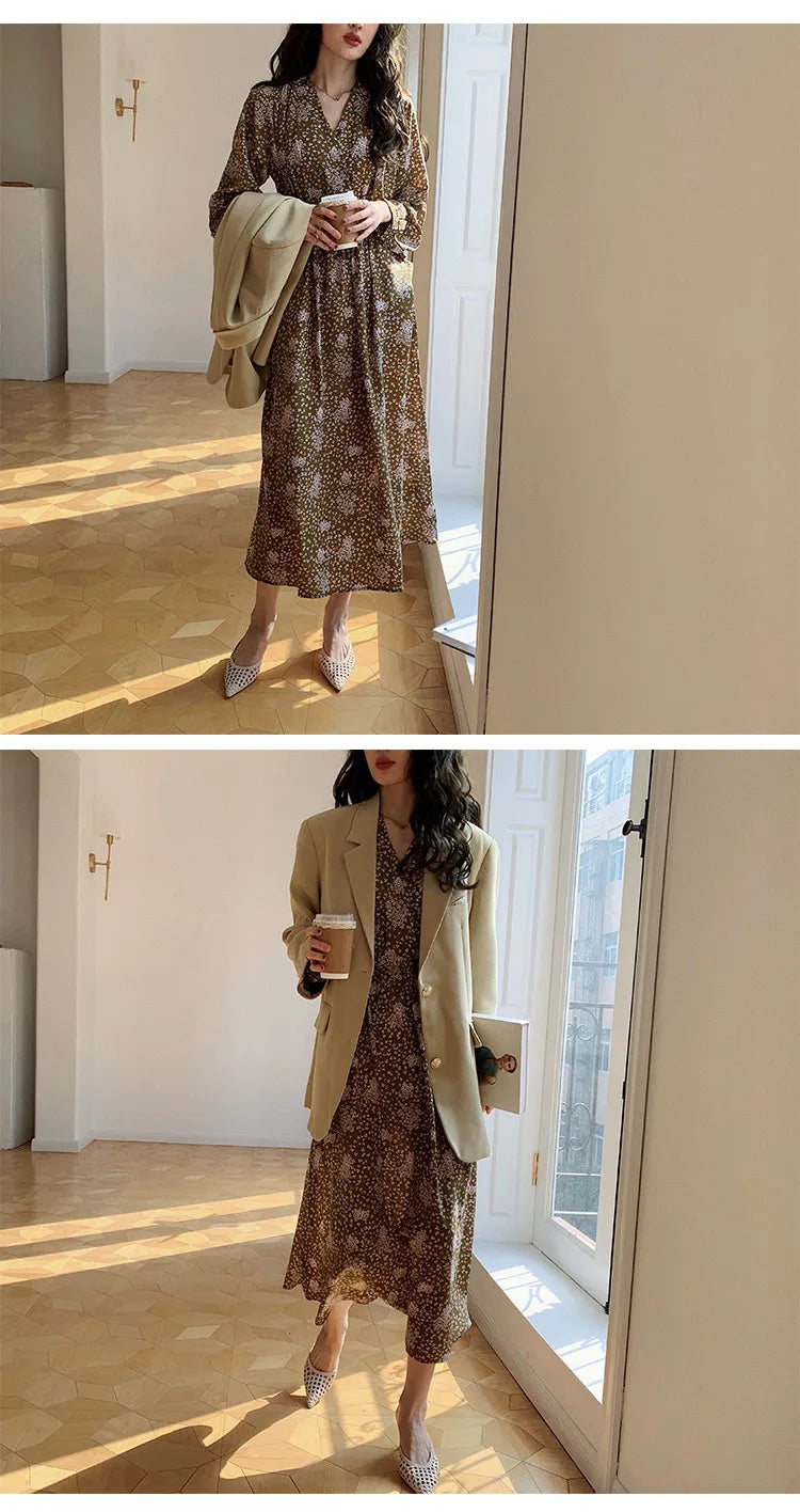 ARTKA 2023 Spring New Women Dress Elegant Loose Puff Sleeve Prints Dresses V-Neck High Waist A-Line Chiffon Long Dress A22LA055C