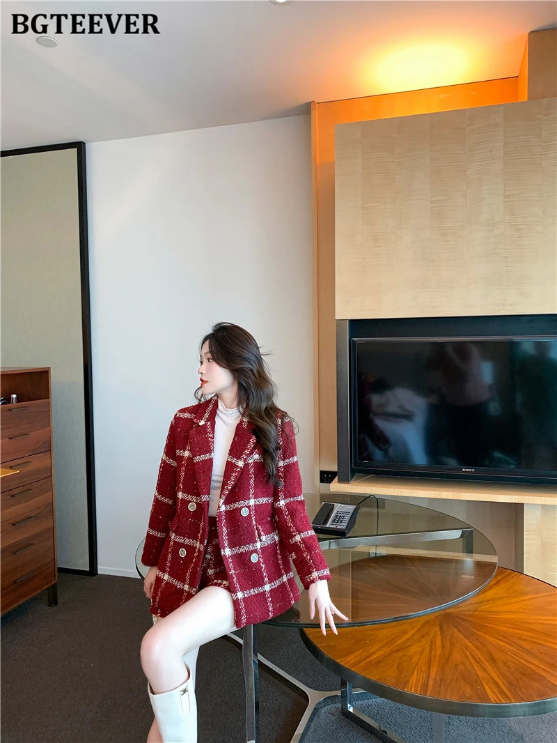 BGTEEVER Winter Thicken Warm Ladies Plaid Blazer Suits Long Sleeve Double Breasted Suit Jackets & Shorts Women 2 Pieces Set